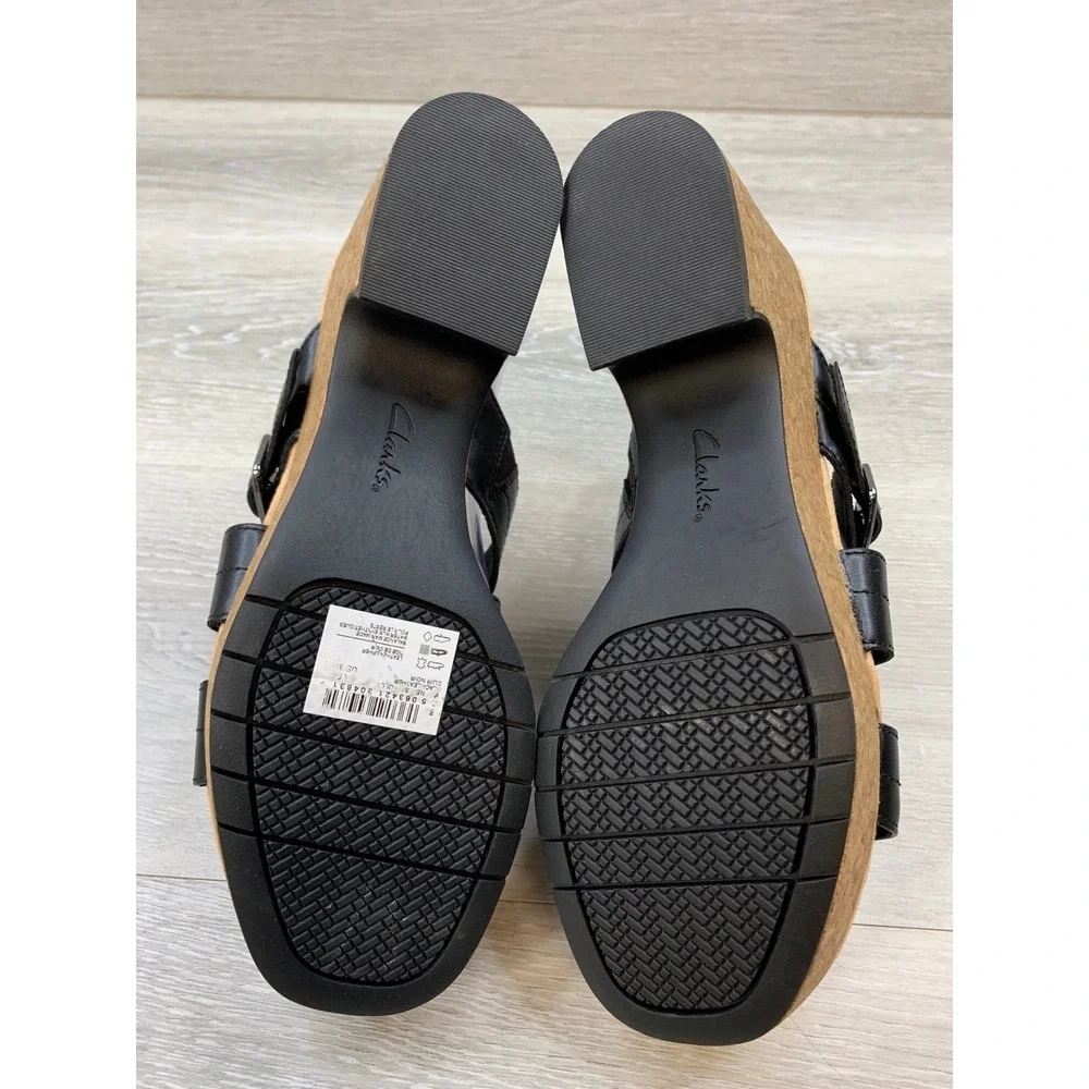 Clarks Black Leather Cork Platform Wedge Sandals Women's 8.5 Comfort Shoes